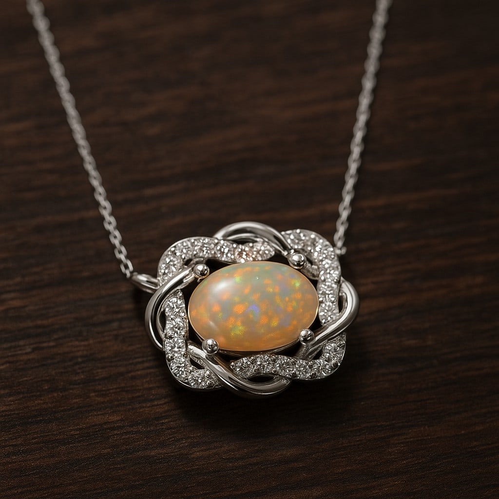 Natural Opal & Diamond 92.5 Sterling Silver Necklace: Natural Opal & Diamond 92.5 Sterling Silver Necklace Gemstone Shape : Oval Gemstone Size : 7x5 MM Gemstone Quantity : 1 Piece Diamond Type : Lab Grown Diamond Shape : Round Diamond Color : D