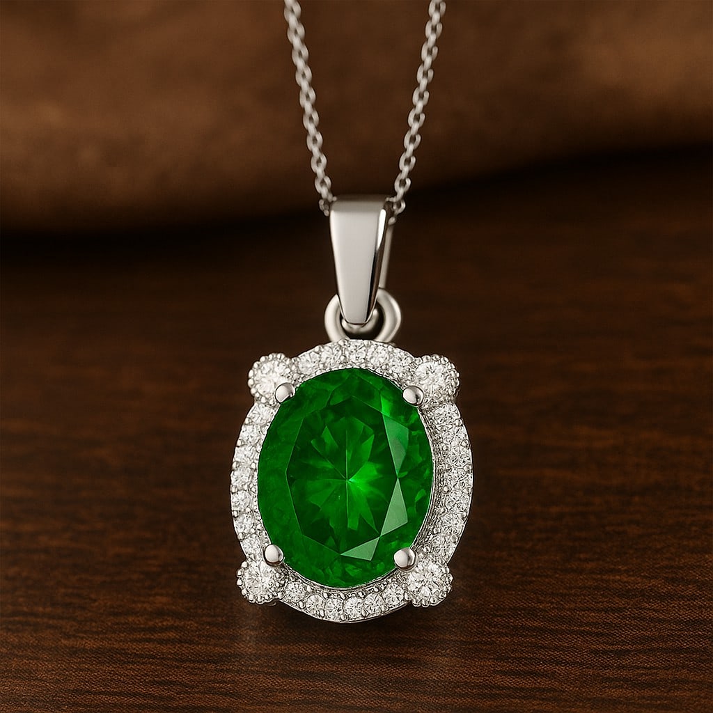 Lab Grown Emerald & Diamond 92.5 Sterling Silver Pendant with Chain: Lab Grown Emerald & Diamond 92.5 Sterling Silver Pendant with Chain Gemstone Shape : Oval Gemstone Size : 10x8 MM Gemstone Quantity : 2 Pieces Diamond Type : Lab Grown Diamond Shape : Round Dia