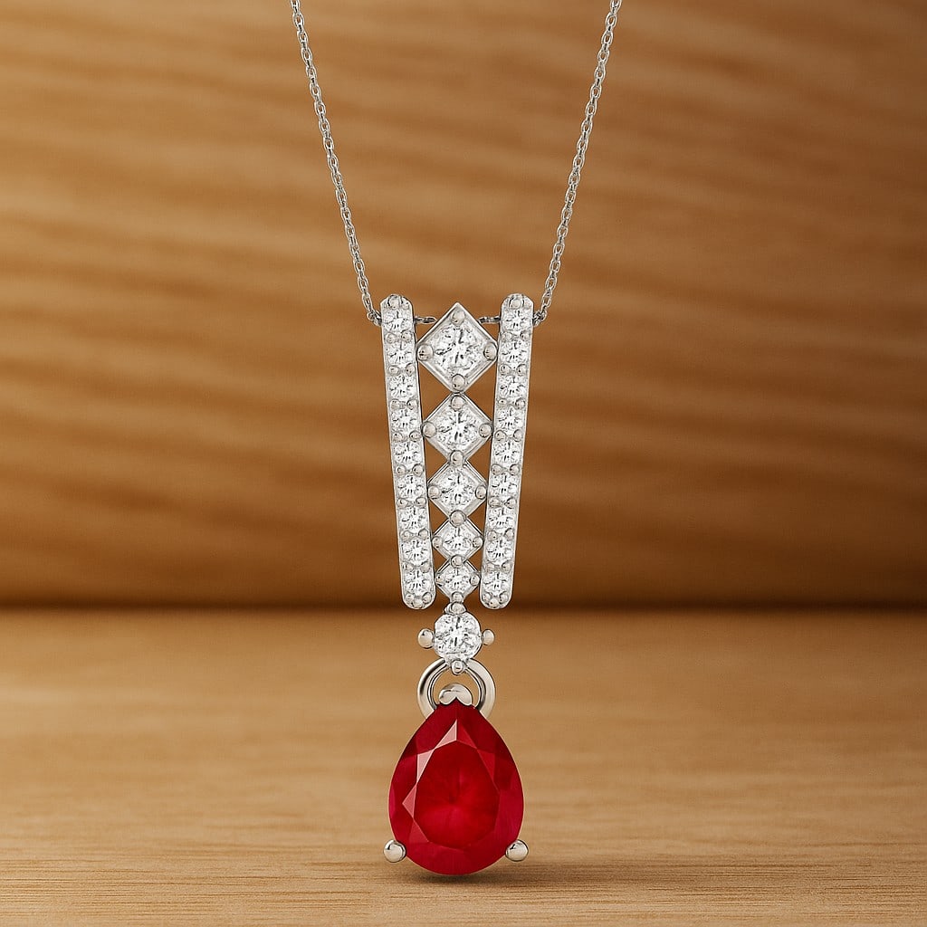 Natural Ruby & Diamond 92.5 Sterling Silver Pendant with Chain: Natural Ruby & Diamond 92.5 Sterling Silver Pendant with Chain Gemstone Shape : Pear Gemstone Size : 8x6 MM Gemstone Quantity : 1 Piece Diamond Type : Lab Grown Diamond Shape : Round Diamond Co