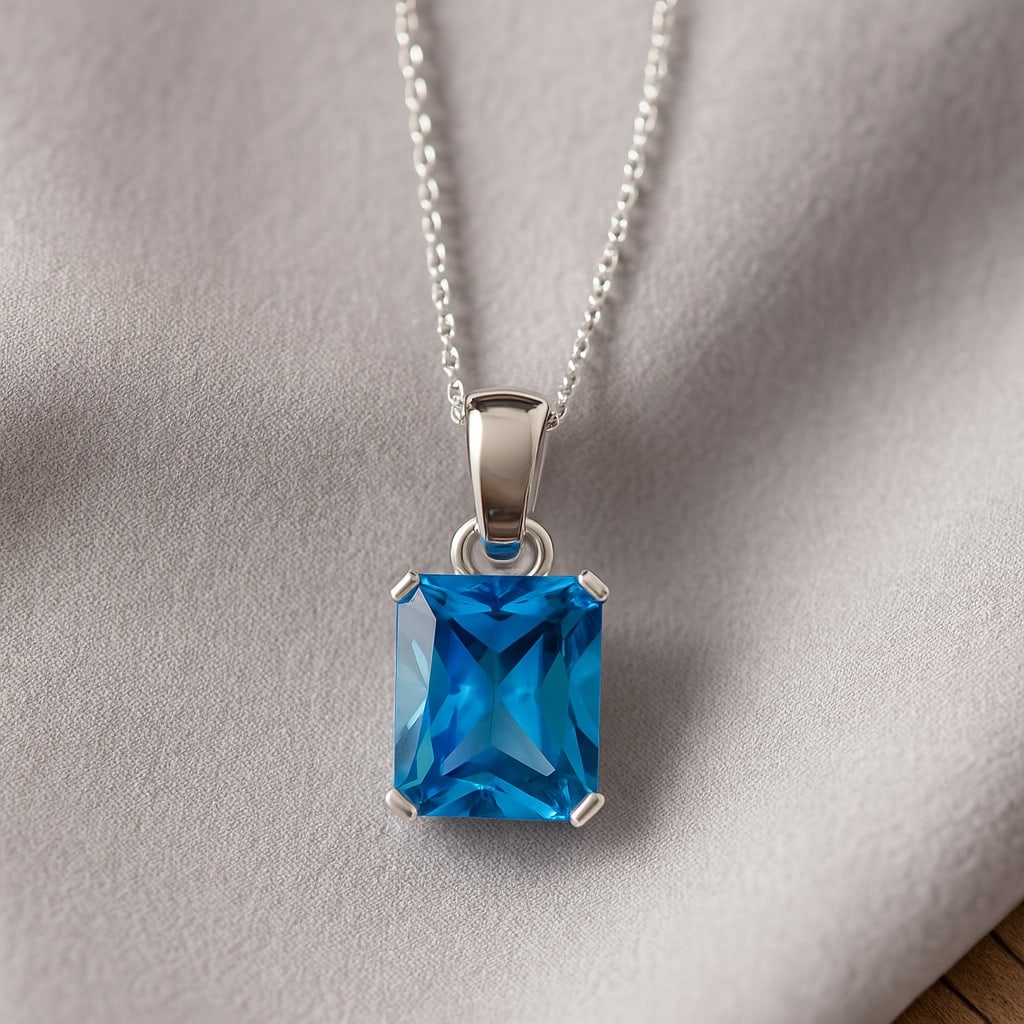 Natural Swiss Blue Topaz Gemstone 92.5 Sterling Silver Pendant with Chain: Natural Swiss Blue Topaz Gemstone 92.5 Sterling Silver Pendant with Chain Gemstone Shape : Emerald Gemstone Size : 9x7 MM Gemstone Quantity : 1 Piece Metal : Silver Metal Purity : 92.5 Sterling Silver