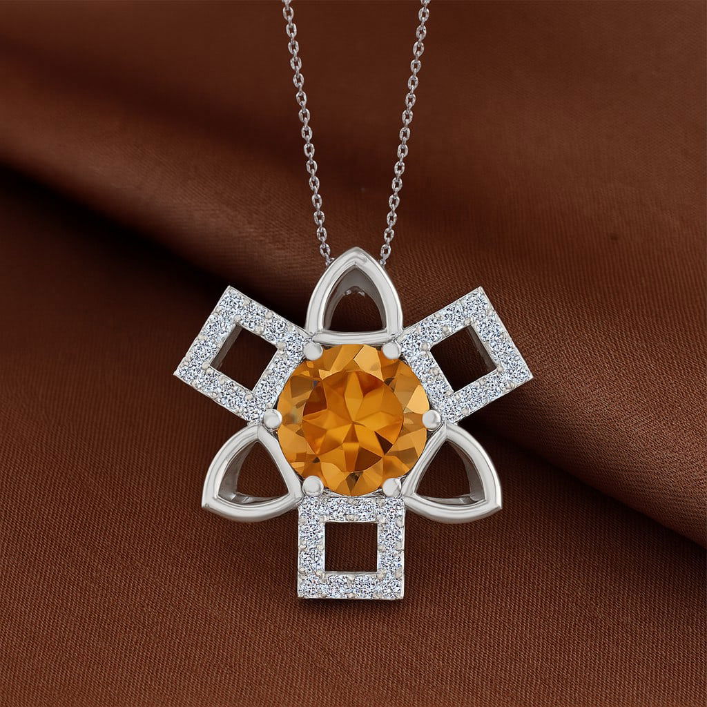 Natural Citrine & Diamond 92.5 Sterling Silver Pendant with Chain: Natural Citrine & Diamond 92.5 Sterling Silver Pendant with Chain Gemstone Shape : Round Gemstone Size : 6 MM Gemstone Quantity : 1 Piece Diamond Type : Lab Grown Diamond Shape : Round Diamond