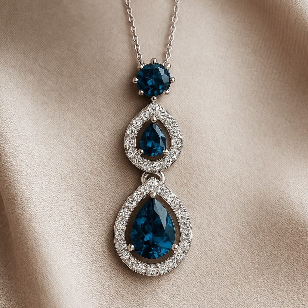 Natural London Blue Topaz & Diamond 92.5 Sterling Silver Pendant with Chain: Natural London Blue Topaz & Diamond 92.5 Sterling Silver Pendant with Chain Gemstone Shape : Pear, Round Gemstone Size : 7x5 MM, 4x3 MM, 3.5 MM Gemstone Quantity : 3 Pieces Diamond Type : Lab Grown Di