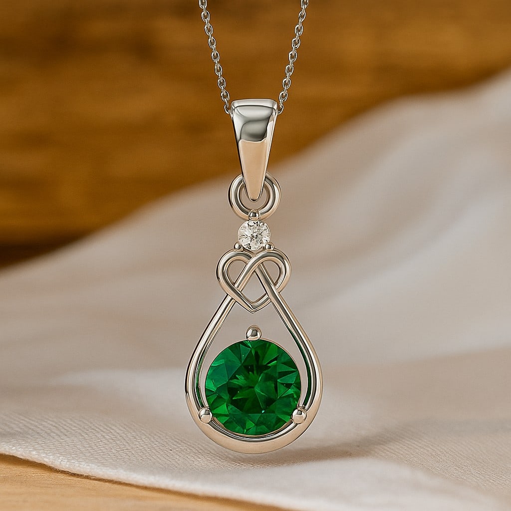 Lab Grown Emerald & Diamond 92.5 Sterling Silver Pendant with Chain: Lab Grown Emerald & Diamond 92.5 Sterling Silver Pendant with Chain Gemstone Shape : Round Gemstone Size : 6 MM Gemstone Quantity : 1 Piece Diamond Type : Lab Grown Diamond Shape : Round Diamon
