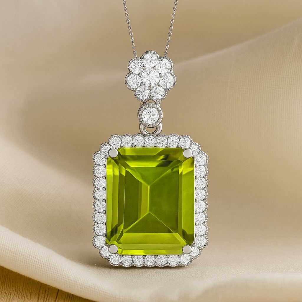 Natural Peridot & Diamond 92.5 Sterling Silver Pendant with Chain (1 of 7)