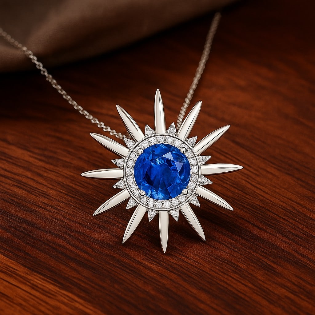 Natural Blue Sapphire & Diamond 92.5 Sterling Silver Pendant with Chain: Natural Blue Sapphire & Diamond 92.5 Sterling Silver Pendant with Chain Gemstone Shape : Round Gemstone Size : 8 MM Gemstone Quantity : 1 Piece Diamond Type : Lab Grown Diamond Shape : Round Di