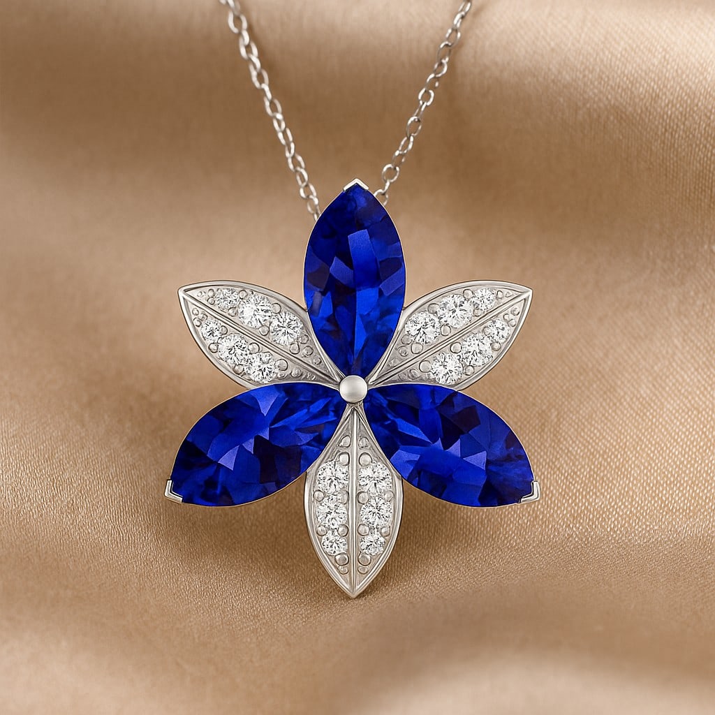 Natural Tanzanite & Diamond 92.5 Sterling Silver Pendant with Chain: Natural Tanzanite & Diamond 92.5 Sterling Silver Pendant with Chain Gemstone Shape : Marquise Gemstone Size : 12x6 MM Gemstone Quantity : 3 Pieces Diamond Type : Lab Grown Diamond Shape : Round