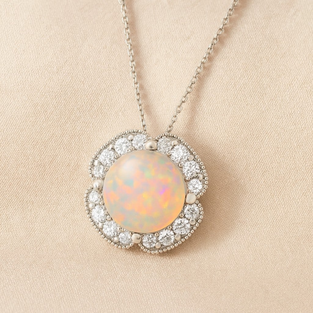 Natural Opal & Diamond 92.5 Sterling Silver Necklace (1 of 7)