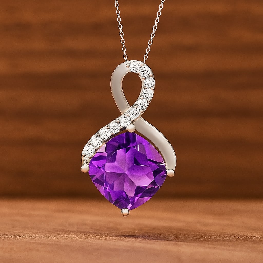 Natural Amethyst & Diamond 92.5 Sterling Silver Pendant with Chain: Natural Amethyst & Diamond 92.5 Sterling Silver Pendant with Chain Gemstone Shape : Cushion Square Gemstone Size : 8 MM Gemstone Quantity : 1 Piece Diamond Type : Lab Grown Diamond Shape : Round