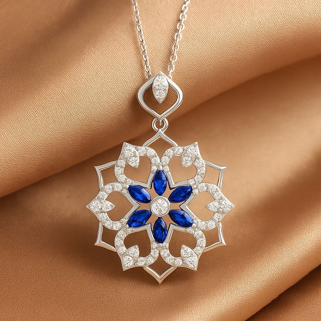 Natural Blue Sapphire & Diamond 92.5 Sterling Silver Pendant with Chain: Natural Blue Sapphire & Diamond 92.5 Sterling Silver Pendant with Chain Gemstone Shape : Marquise Gemstone Size : 6 MM Gemstone Quantity : 6 Pieces Diamond Type : Lab Grown Diamond Shape : Round