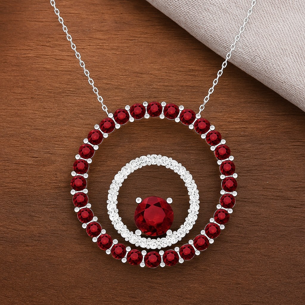 Natural Ruby & Diamond 92.5 Sterling Silver Necklace: Natural Ruby & Diamond 92.5 Sterling Silver Necklace Gemstone Shape : Round Gemstone Size : 5 MM, 2 MM Gemstone Quantity : 1 Piece, 28 Pieces Diamond Type : Lab Grown Diamond Shape : Round Diam