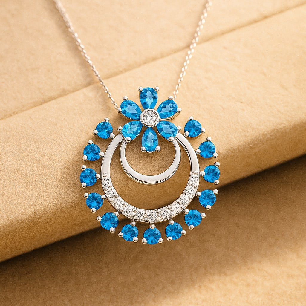 Natural Swiss Blue Topaz & Diamond 92.5 Sterling Silver Pendant with Chain: Natural Swiss Blue Topaz & Diamond 92.5 Sterling Silver Pendant with Chain Gemstone Shape : Round Gemstone Size : 3x2 MM, 2 MM Gemstone Quantity : 6 Pieces, 13 Pieces Diamond Type : Lab Grown Diamond