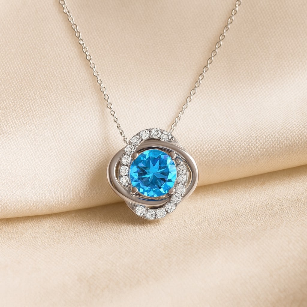 Natural Swiss Blue Topaz & Diamond 92.5 Sterling Silver Necklace: Natural Swiss Blue Topaz & Diamond 92.5 Sterling Silver Necklace Gemstone Shape : Round Gemstone Size : 6 MM Gemstone Quantity : 1 Piece Diamond Type : Lab Grown Diamond Shape : Round Diamond C