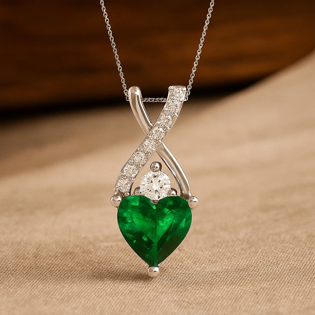 Lab Grown Emerald & Diamond 92.5 Sterling Silver Pendant with Chain: Lab Grown Emerald & Diamond 92.5 Sterling Silver Pendant with Chain Gemstone Shape : Heart Gemstone Size : 5 MM Gemstone Quantity : 1 Piece Diamond Type : Lab Grown Diamond Shape : Round Diamon