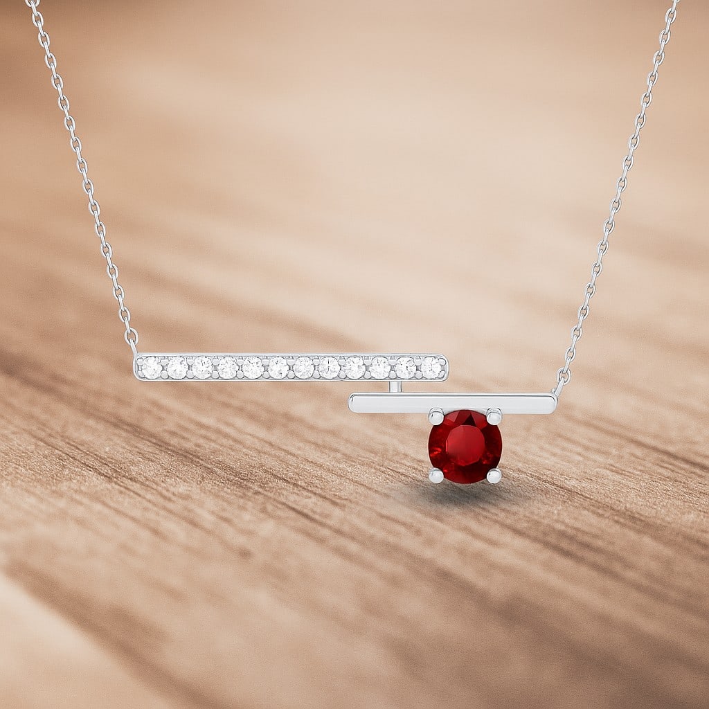 Natural Ruby & Diamond 92.5 Sterling Silver Necklace: Natural Ruby & Diamond 92.5 Sterling Silver Necklace Gemstone Shape : Round Gemstone Size : 3.5 MM Gemstone Quantity : 1 Piece Diamond Type : Lab Grown Diamond Shape : Round Diamond Color :