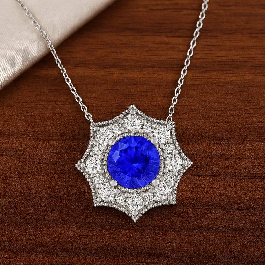 Natural Tanzanite & Diamond 92.5 Sterling Silver Pendant with Chain: Natural Tanzanite & Diamond 92.5 Sterling Silver Pendant with Chain Gemstone Shape : Round Gemstone Size : 5 MM Gemstone Quantity : 1 Piece Diamond Type : Lab Grown Diamond Shape : Round Diamon