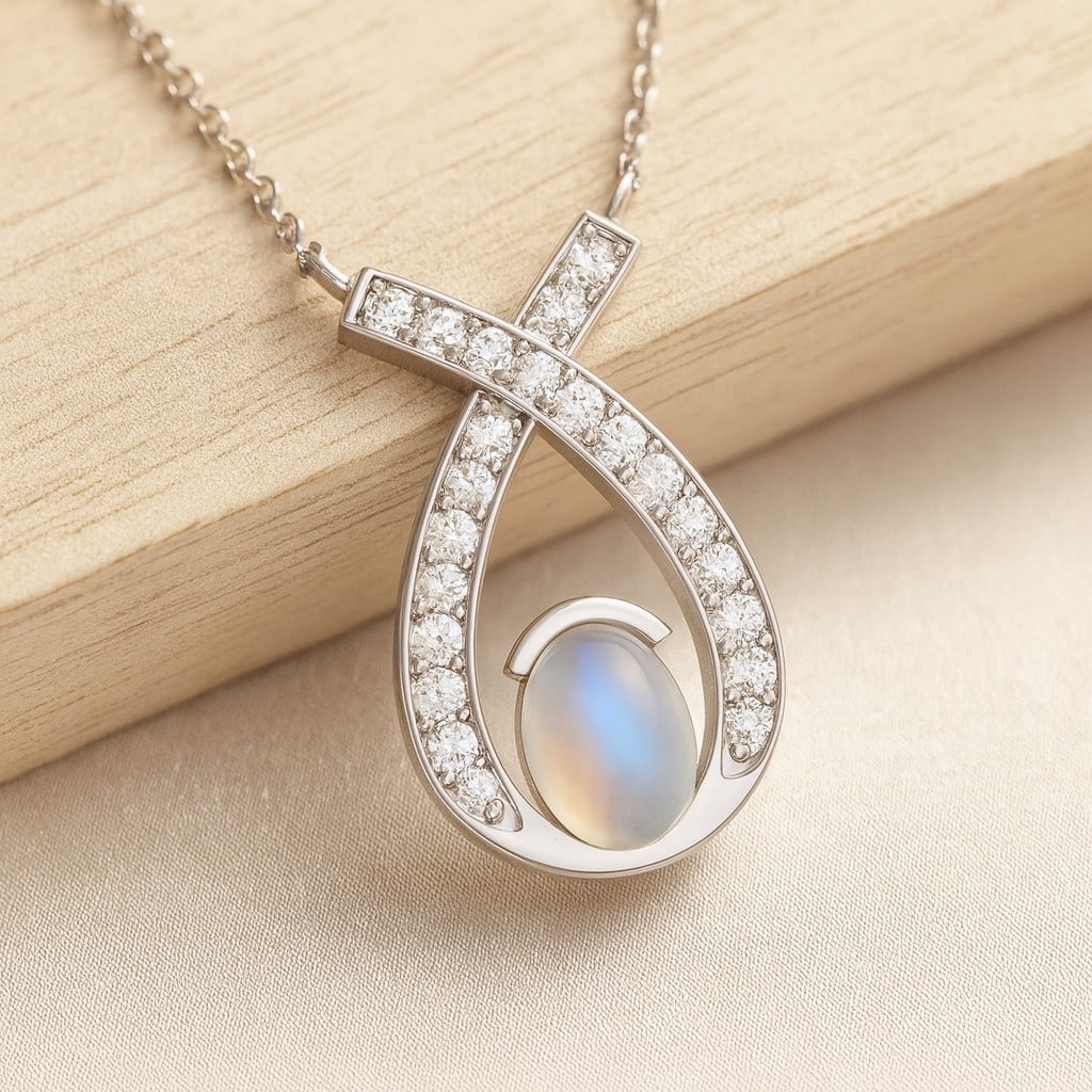 Natural moonstone & Diamond 92.5 Sterling Silver Pendant with Chain: Natural moonstone & Diamond 92.5 Sterling Silver Pendant with Chain Gemstone Shape : Oval Gemstone Size : 7x5 MM Gemstone Quantity : 1 Piece Diamond Type : Lab Grown Diamond Shape : Round Diamo