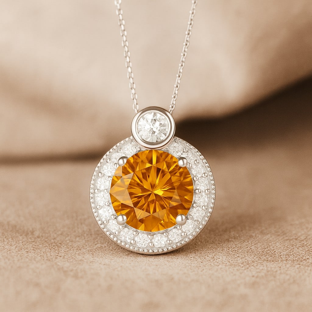 Natural Citrine & Diamond 92.5 Sterling Silver Pendant with Chain: Natural Citrine & Diamond 92.5 Sterling Silver Pendant with Chain Gemstone Shape : Round Gemstone Size : 7 MM Gemstone Quantity : 1 Piece Diamond Type : Lab Grown Diamond Shape : Round Diamond