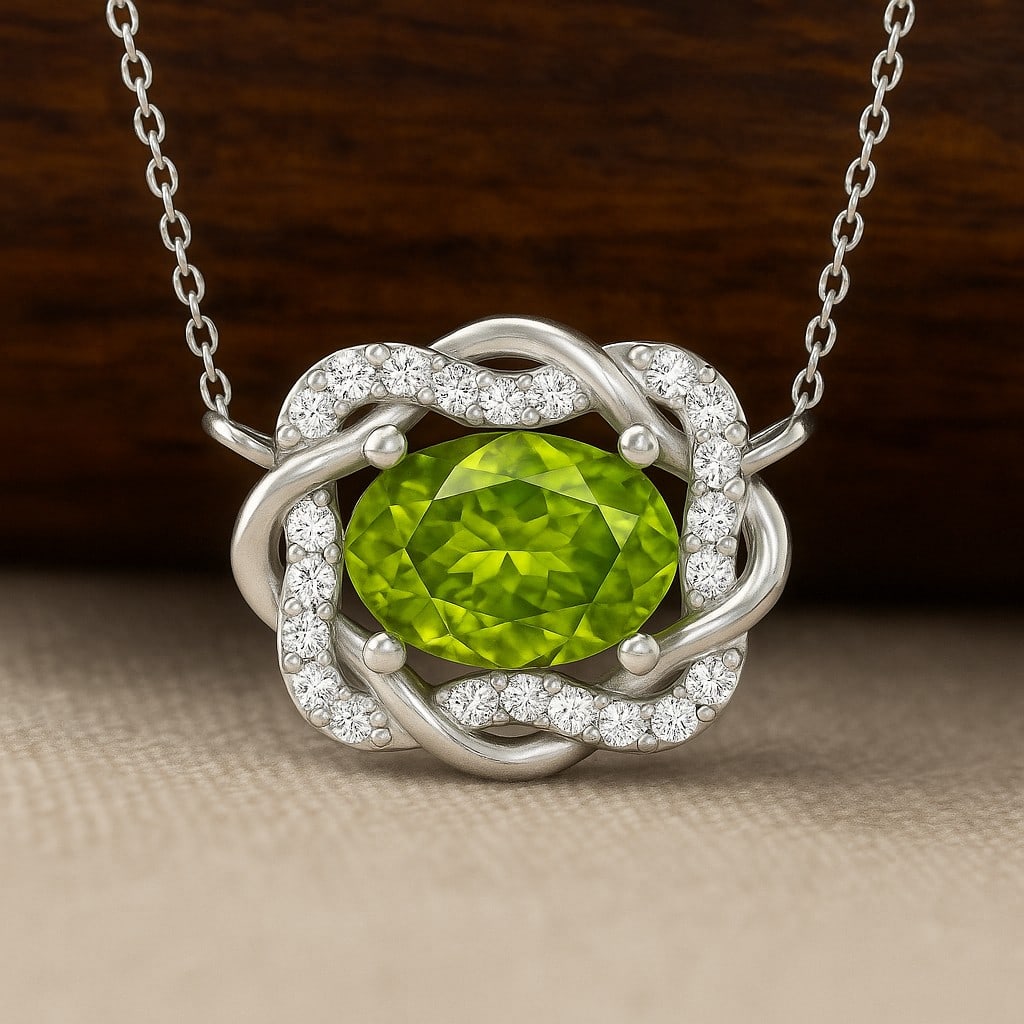 Natural Peridot & Diamond 92.5 Sterling Silver Necklace (1 of 7)