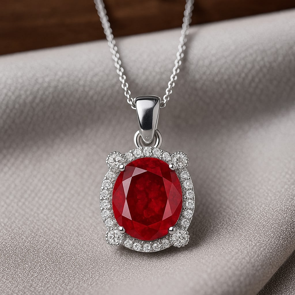 Natural Ruby & Diamond 92.5 Sterling Silver Pendant with Chain: Natural Ruby & Diamond 92.5 Sterling Silver Pendant with Chain Gemstone Shape : Oval Gemstone Size : 10x8 MM Gemstone Quantity : 2 Pieces Diamond Type : Lab Grown Diamond Shape : Round Diamond