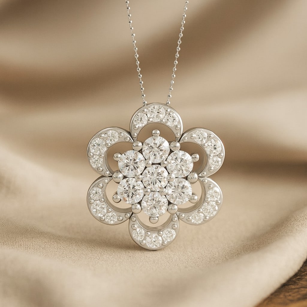 Lab Grown Diamond 92.5 Sterling Silver Pendant with Chain: Lab Grown Diamond 92.5 Sterling Silver Pendant with Chain Gemstone Shape : Round Gemstone Size : 2.5 MM Gemstone Quantity : 6 Pieces Diamond Type : Lab Grown Diamond Shape : Round Diamond Color