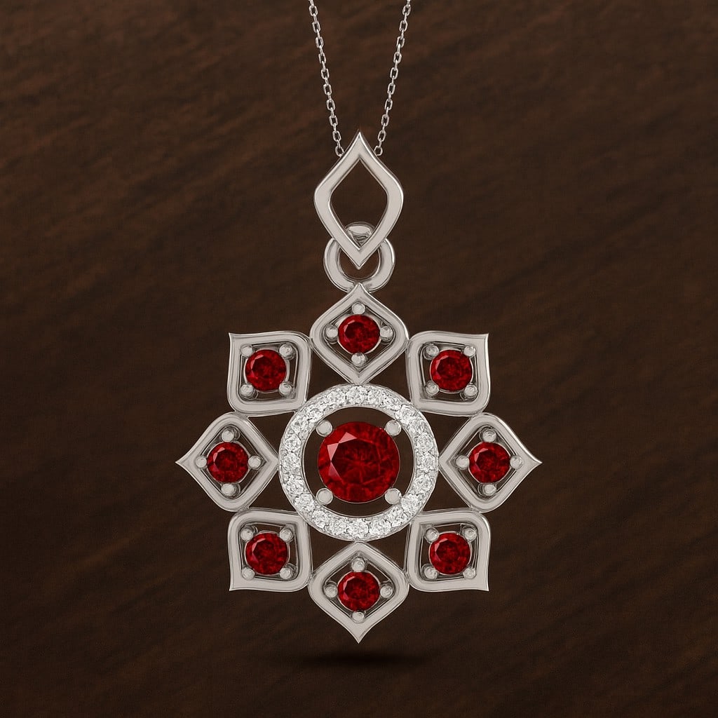 Natural Garnet & Diamond 92.5 Sterling Silver Pendant with Chain: Natural Garnet & Diamond 92.5 Sterling Silver Pendant with Chain Gemstone Shape : Round Gemstone Size : 4 MM, 2 MM Gemstone Quantity : 9 Pieces Diamond Type : Lab Grown Diamond Shape : Round Di