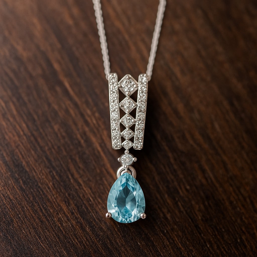 Natural Aquamarine & Diamond 92.5 Sterling Silver Pendant with Chain: Natural Aquamarine & Diamond 92.5 Sterling Silver Pendant with Chain Gemstone Shape : Pear Gemstone Size : 8x6 MM Gemstone Quantity : 1 Piece Diamond Type : Lab Grown Diamond Shape : Round Diam