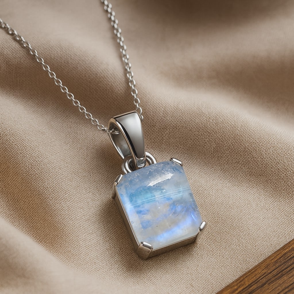 Natural Moonstone Gemstone 92.5 Sterling Silver Pendant with Chain (1 of 7)