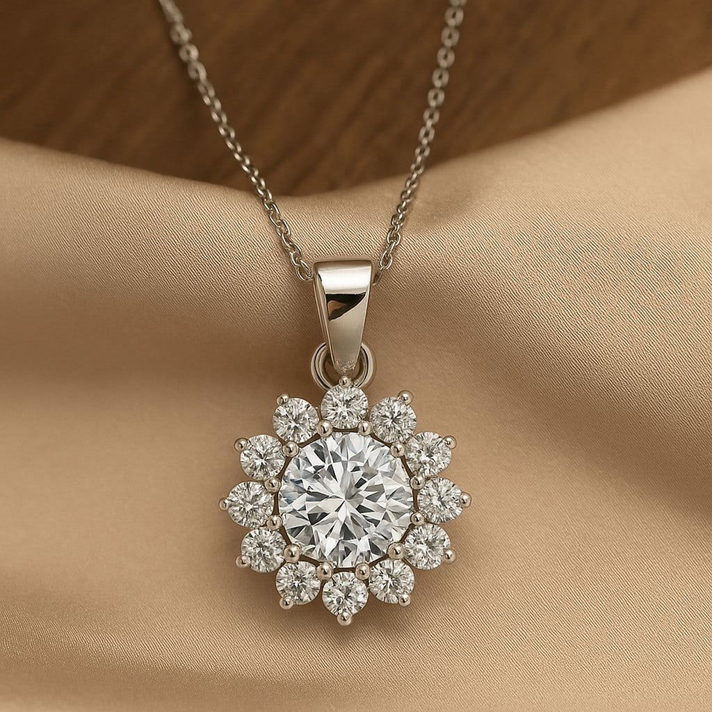 Lab Grown Diamond 92.5 Sterling Silver Pendant with Chain: Lab Grown Diamond 92.5 Sterling Silver Pendant with Chain Gemstone Shape : Round Gemstone Size : 7 MM Gemstone Quantity : 1 Piece Diamond Type : Lab Grown Diamond Shape : Round Diamond Color :