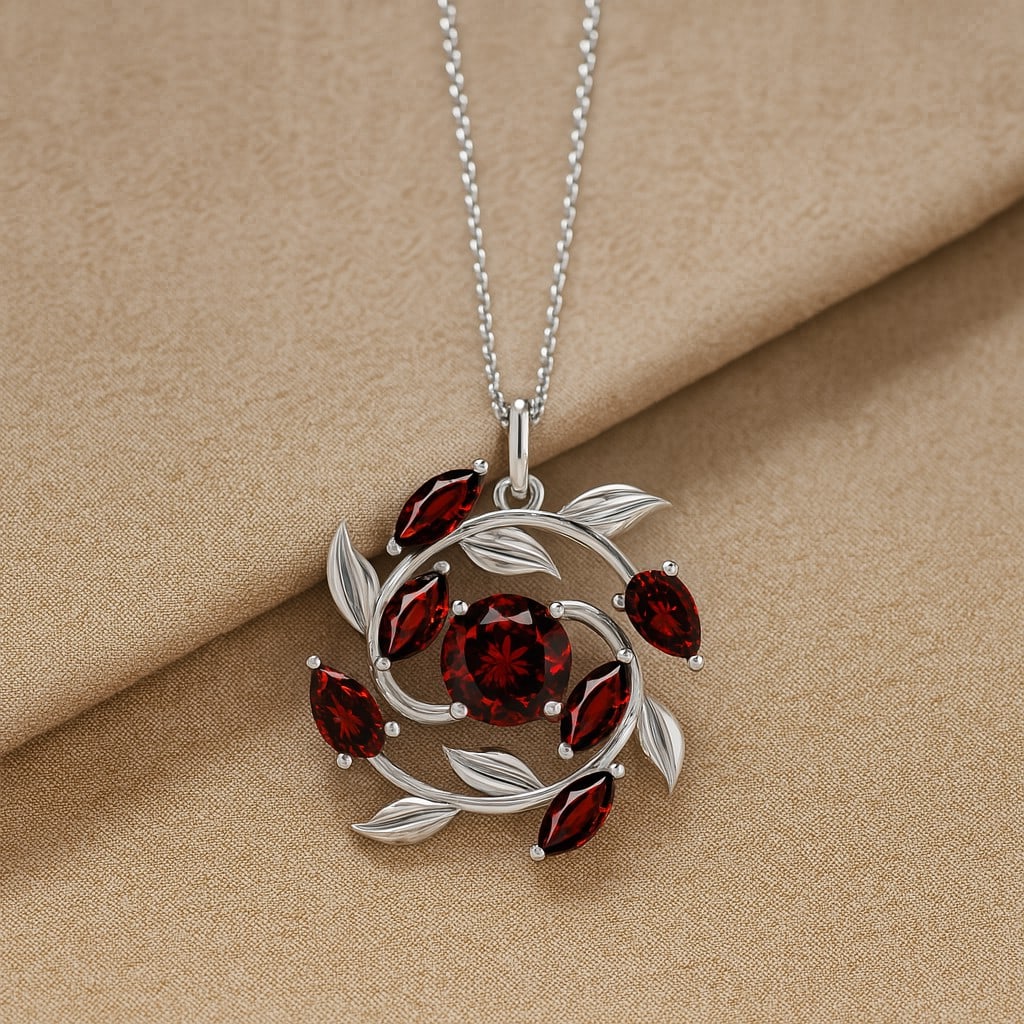 Natural Garnet Gemstone 92.5 Sterling Silver Pendant with Chain (1 of 7)