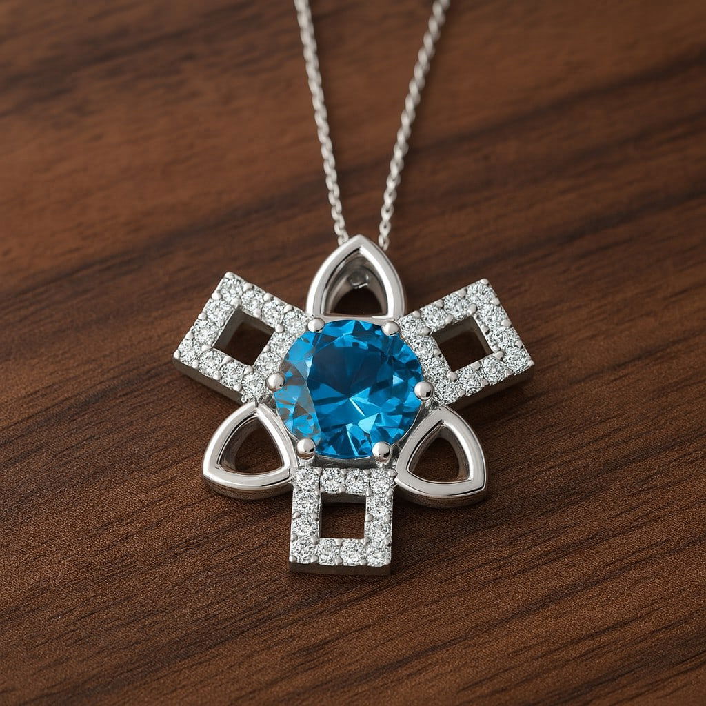 Natural Swiss Blue Topaz & Diamond 92.5 Sterling Silver Pendant with Chain: Natural Swiss Blue Topaz & Diamond 92.5 Sterling Silver Pendant with Chain Gemstone Shape : Round Gemstone Size : 6 MM Gemstone Quantity : 1 Piece Diamond Type : Lab Grown Diamond Shape : Round