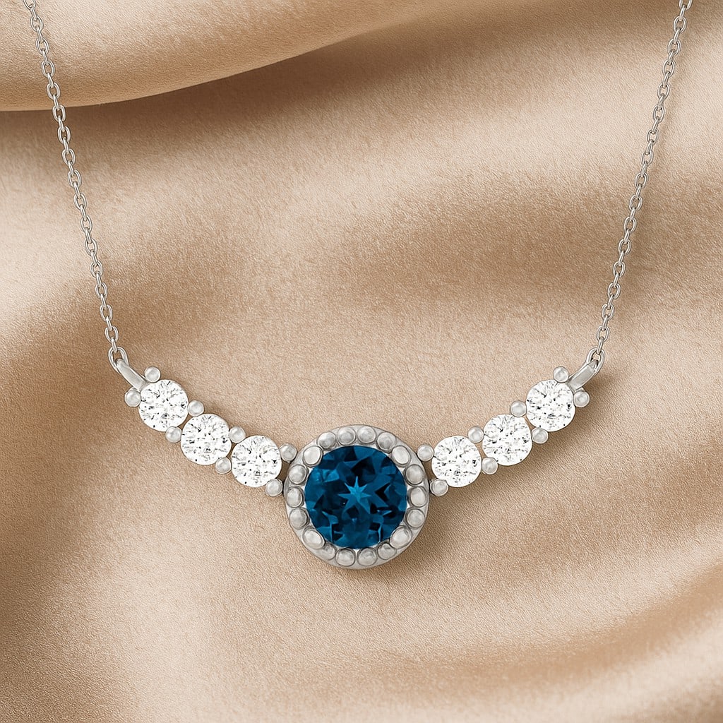 Natural London Blue Topaz & Diamond 92.5 Sterling Silver Necklace: Natural London Blue Topaz & Diamond 92.5 Sterling Silver Necklace Gemstone Shape : Round Gemstone Size : 3.5 MM Gemstone Quantity : 1 Piece Diamond Type : Lab Grown Diamond Shape : Round Diamon
