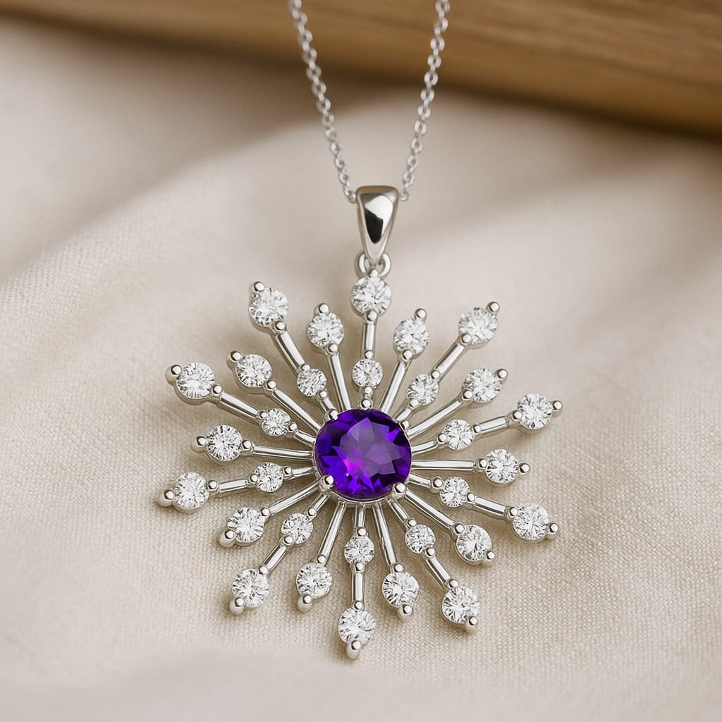 Natural Amethyst & Diamond 92.5 Sterling Silver Pendant with Chain: Natural Amethyst & Diamond 92.5 Sterling Silver Pendant with Chain Gemstone Shape : Round Gemstone Size : 4.5 MM Gemstone Quantity : 1 Piece Diamond Type : Lab Grown Diamond Shape : Round Diamo