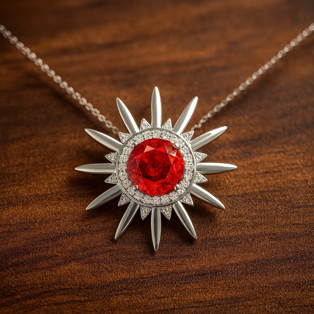 Natural Ruby & Diamond 92.5 Sterling Silver Pendant with Chain: Natural Ruby & Diamond 92.5 Sterling Silver Pendant with Chain Gemstone Shape : Round Gemstone Size : 8 MM Gemstone Quantity : 1 Piece Diamond Type : Lab Grown Diamond Shape : Round Diamond Col