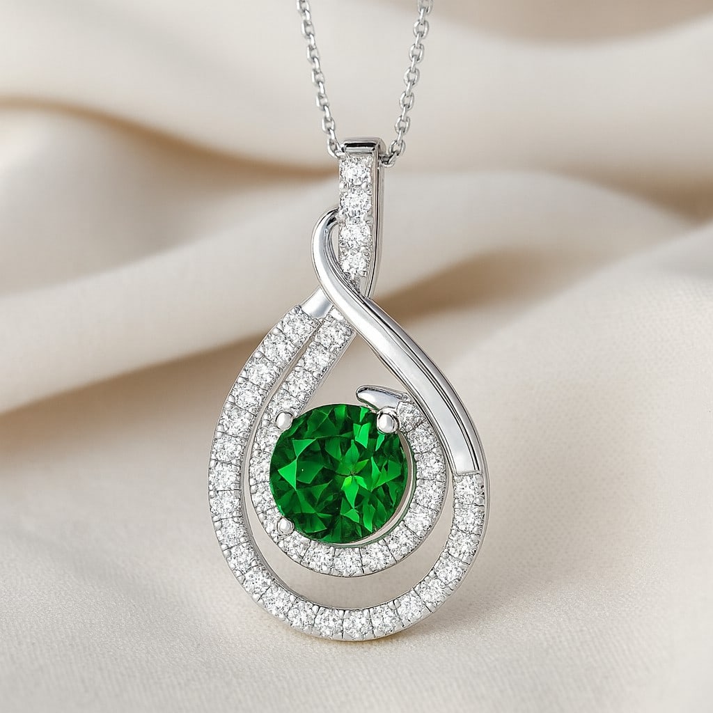 Lab Grown Emerald & Diamond 92.5 Sterling Silver Pendant with Chain: Lab Grown Emerald & Diamond 92.5 Sterling Silver Pendant with Chain Gemstone Shape : Round Gemstone Size : 5 MM Gemstone Quantity : 1 Piece Diamond Type : Lab Grown Diamond Shape : Round Diamon