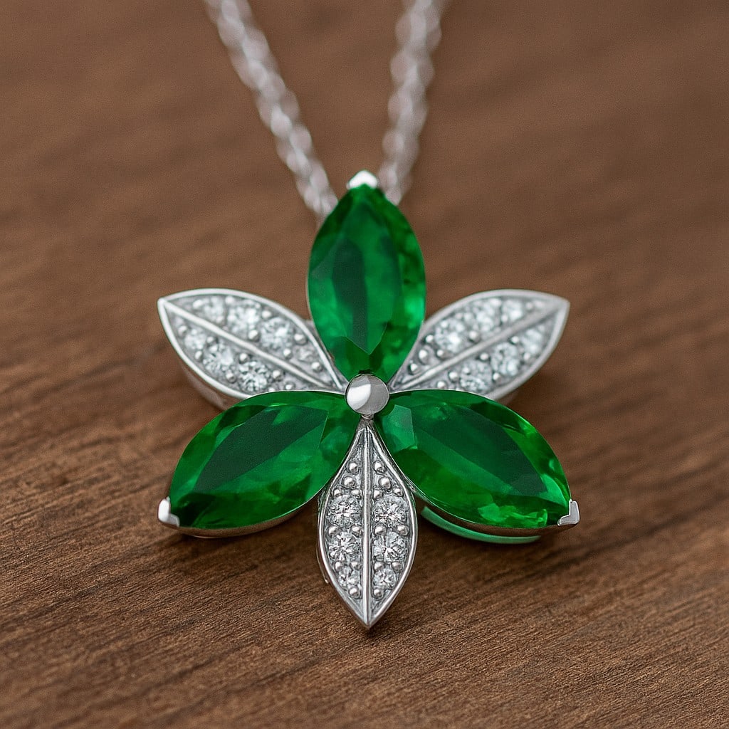 Lab Grown Emerald & Diamond 92.5 Sterling Silver Pendant with Chain: Lab Grown Emerald & Diamond 92.5 Sterling Silver Pendant with Chain Gemstone Shape : Marquise Gemstone Size : 12x6 MM Gemstone Quantity : 3 Pieces Diamond Type : Lab Grown Diamond Shape : Round
