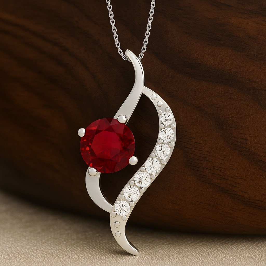 Natural Ruby & Diamond 92.5 Sterling Silver Pendant with Chain: Natural Ruby & Diamond 92.5 Sterling Silver Pendant with Chain Gemstone Shape : Round Gemstone Size : 6 MM Gemstone Quantity : 1 Piece Diamond Type : Lab Grown Diamond Shape : Round Diamond Col