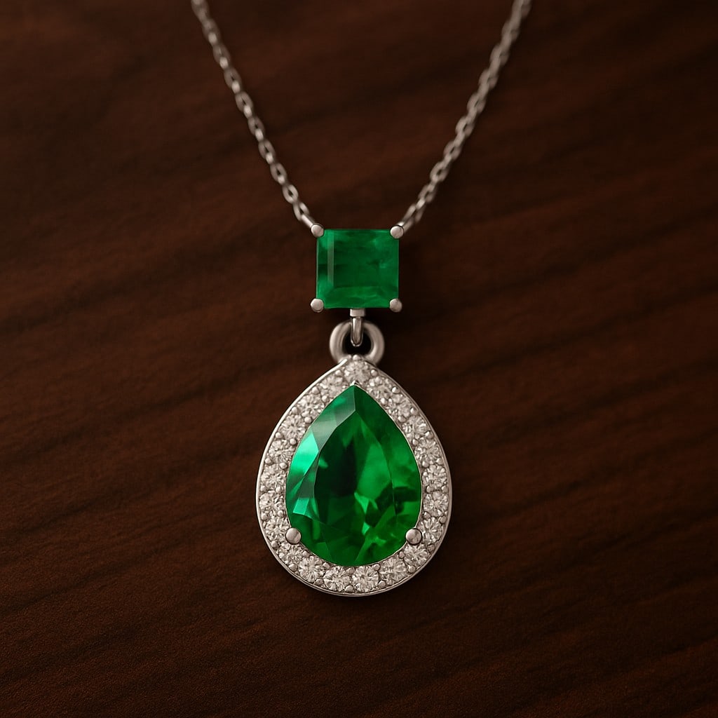Lab Grown Emerald & Diamond 92.5 Sterling Silver Pendant with Chain: Lab Grown Emerald & Diamond 92.5 Sterling Silver Pendant with Chain Gemstone Shape : Pear, Princess Gemstone Size : 9x7MM, 1 MM Gemstone Quantity : 2 Pieces Diamond Type : Lab Grown Diamond Shape : Ro