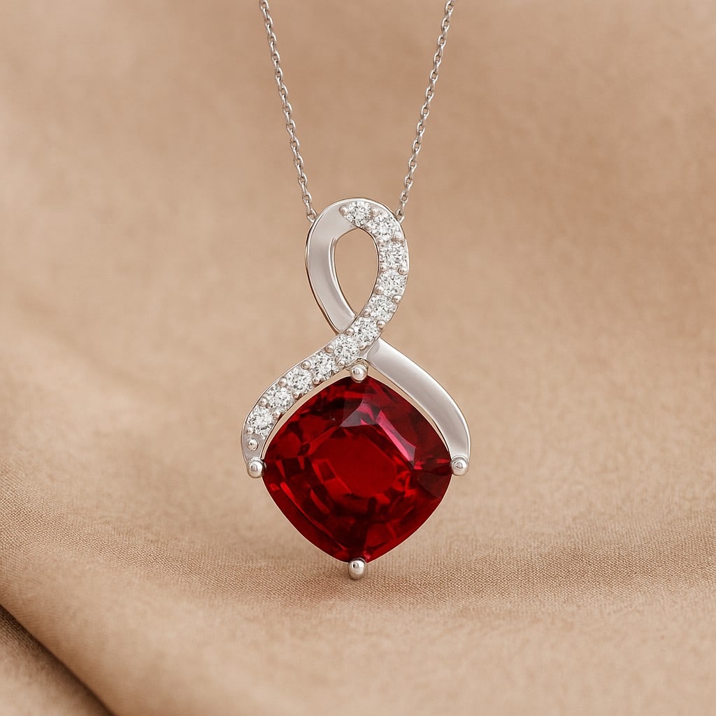 Natural Ruby & Diamond 92.5 Sterling Silver Pendant with Chain: Natural Ruby & Diamond 92.5 Sterling Silver Pendant with Chain Gemstone Shape : Cushion Square Gemstone Size : 8 MM Gemstone Quantity : 1 Piece Diamond Type : Lab Grown Diamond Shape : Round Di