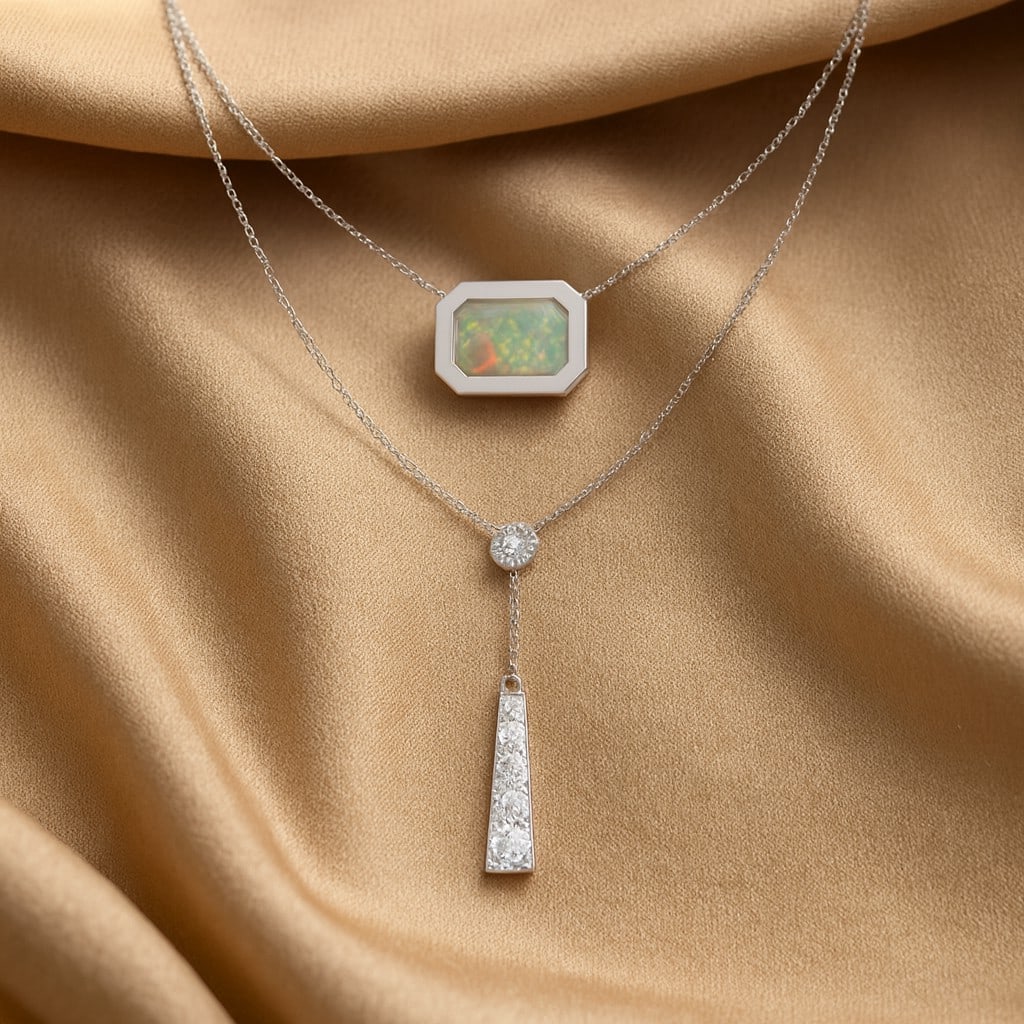 Natural Opal & Diamond 92.5 Sterling Silver Necklace (1 of 7)