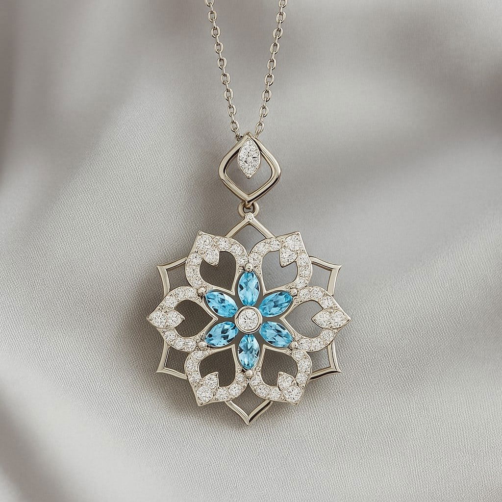 Natural Aquamarine & Diamond 92.5 Sterling Silver Pendant with Chain: Natural Aquamarine & Diamond 92.5 Sterling Silver Pendant with Chain Gemstone Shape : Marquise Gemstone Size : 6 MM Gemstone Quantity : 6 Pieces Diamond Type : Lab Grown Diamond Shape : Round D