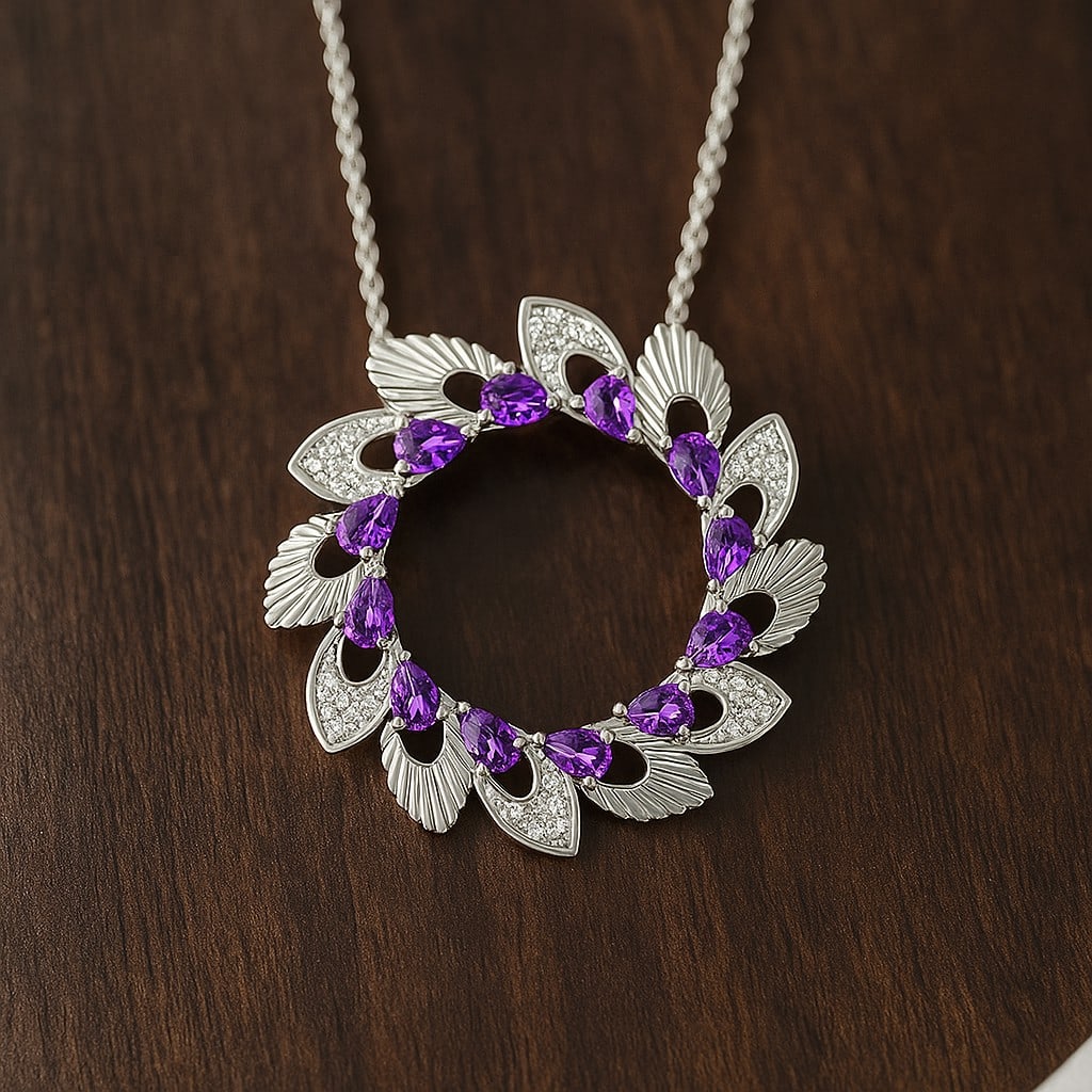 Natural Amethyst & Diamond 92.5 Sterling Silver Pendant with Chain (1 of 7)