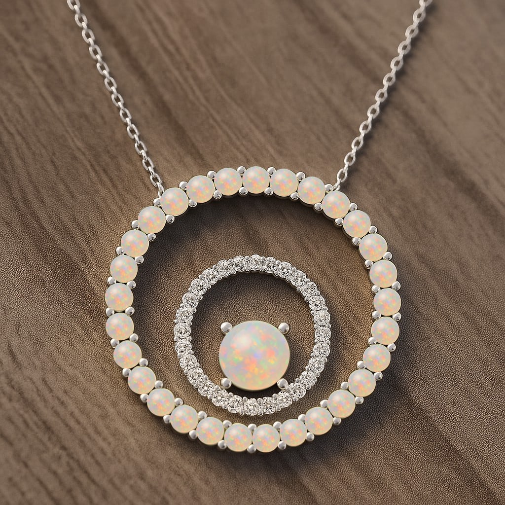 Natural Opal & Diamond 92.5 Sterling Silver Necklace: Natural Opal & Diamond 92.5 Sterling Silver Necklace Gemstone Shape : Round Gemstone Size : 5 MM, 2 MM Gemstone Quantity : 1 Piece, 28 Pieces Diamond Type : Lab Grown Diamond Shape : Round Diam