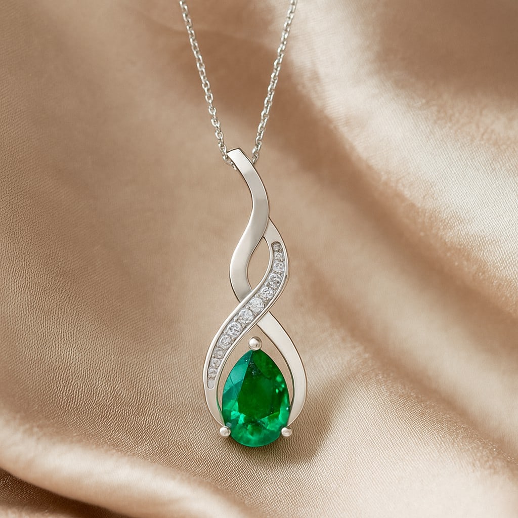 Lab Grown Emerald & Diamond 92.5 Sterling Silver Pendant with Chain: Lab Grown Emerald & Diamond 92.5 Sterling Silver Pendant with Chain Gemstone Shape : Pear Gemstone Size : 6x4 MM Gemstone Quantity : 1 Piece Diamond Type : Lab Grown Diamond Shape : Round Diamo