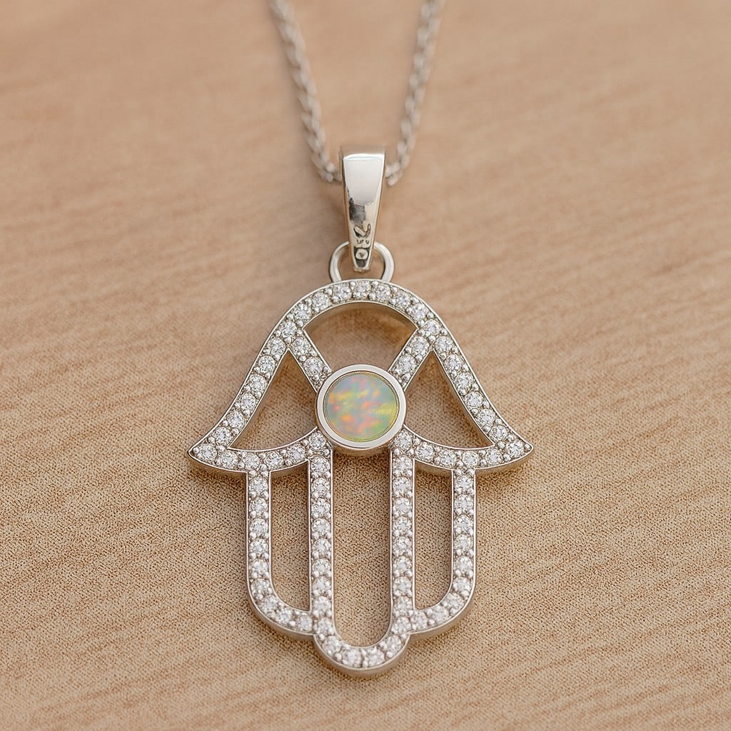 Natural Opal & Diamond 92.5 Sterling Silver Pendant with Chain: Natural Opal & Diamond 92.5 Sterling Silver Pendant with Chain Gemstone Shape : Round Gemstone Size : 3.5 MM Gemstone Quantity : 1 Piece Diamond Type : Lab Grown Diamond Shape : Round Diamond C
