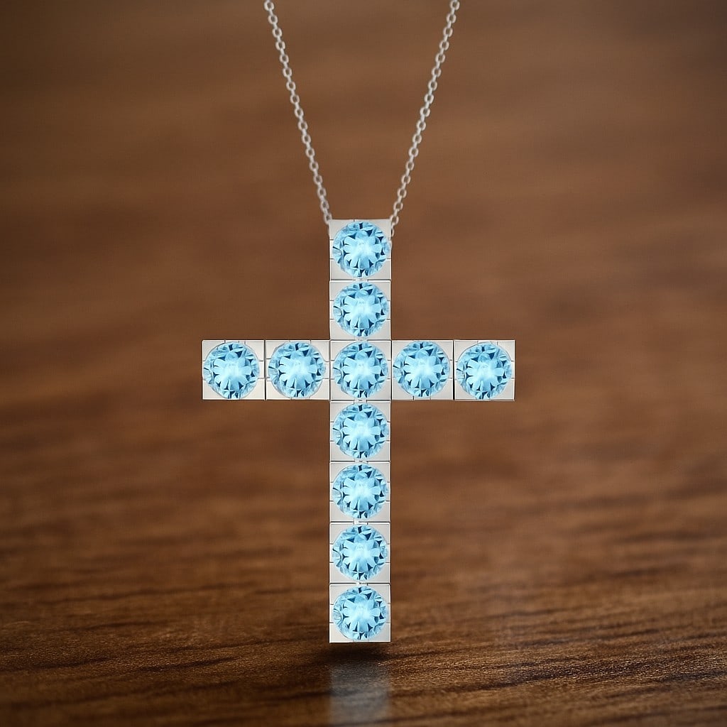 Natural Aquamarine Gemstone 92.5 Sterling Silver Pendant with Chain: Natural Aquamarine Gemstone 92.5 Sterling Silver Pendant with Chain Gemstone Shape : Round Gemstone Size : 3 MM Gemstone Quantity : 11 Pieces Metal : Silver Metal Purity : 92.5 Sterling Silver