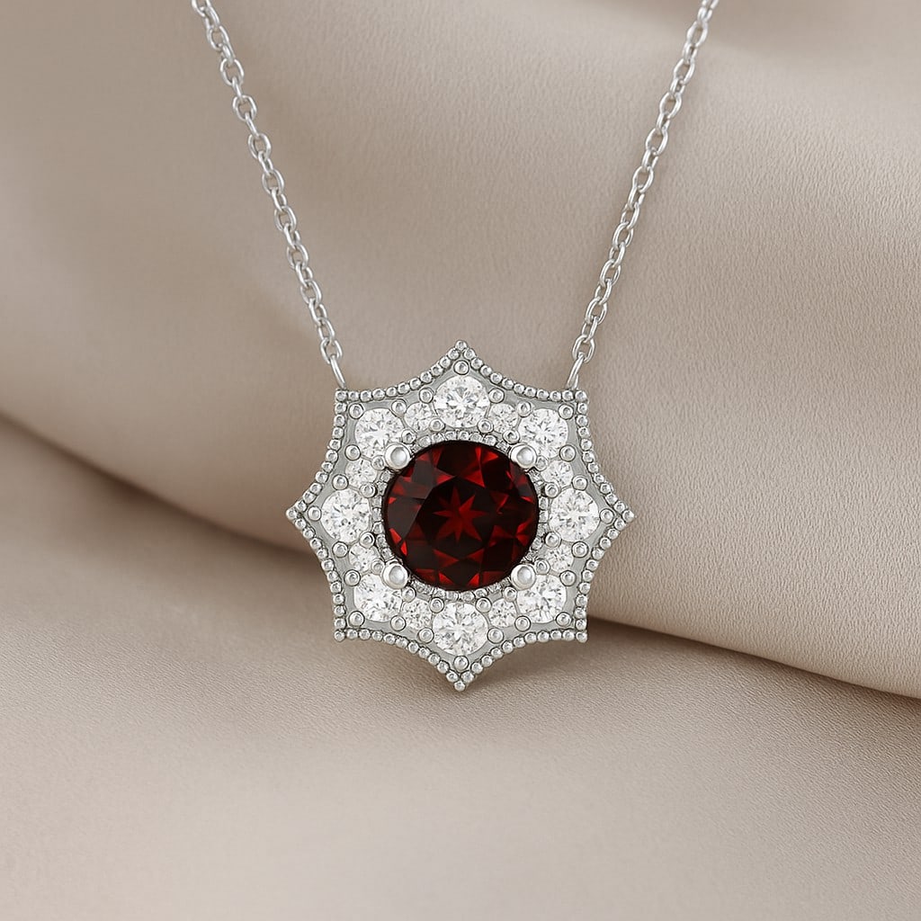 Natural Garnet & Diamond 92.5 Sterling Silver Pendant with Chain: Natural Garnet & Diamond 92.5 Sterling Silver Pendant with Chain Gemstone Shape : Round Gemstone Size : 5 MM Gemstone Quantity : 1 Piece Diamond Type : Lab Grown Diamond Shape : Round Diamond C