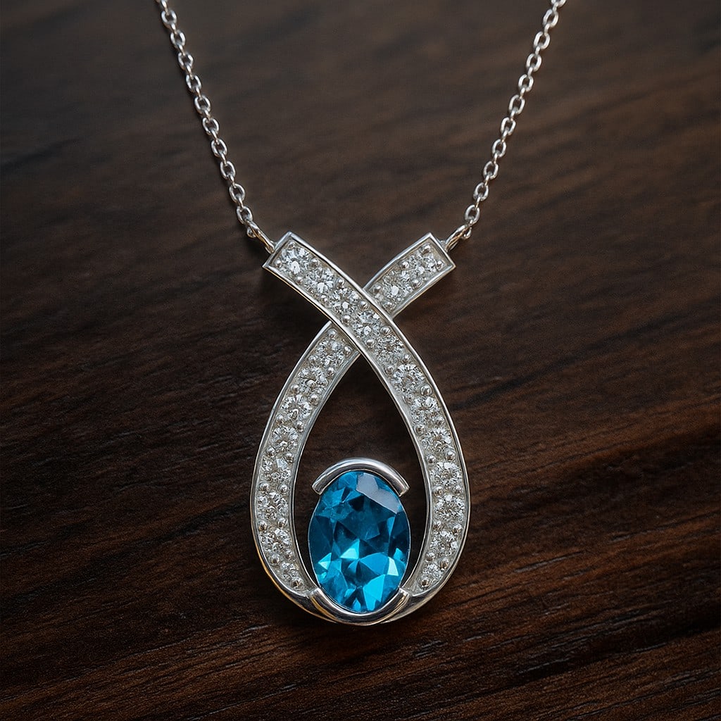 Natural Swiss Blue Topaz & Diamond 92.5 Sterling Silver Pendant with Chain: Natural Swiss Blue Topaz & Diamond 92.5 Sterling Silver Pendant with Chain Gemstone Shape : Oval Gemstone Size : 7x5 MM Gemstone Quantity : 1 Piece Diamond Type : Lab Grown Diamond Shape : Round