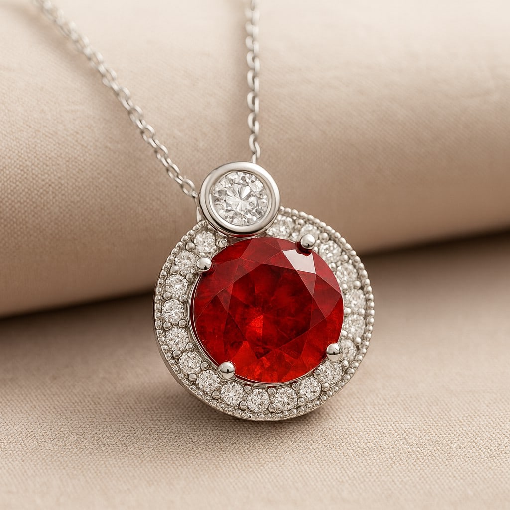 Natural Ruby & Diamond 92.5 Sterling Silver Pendant with Chain: Natural Ruby & Diamond 92.5 Sterling Silver Pendant with Chain Gemstone Shape : Round Gemstone Size : 7 MM Gemstone Quantity : 1 Piece Diamond Type : Lab Grown Diamond Shape : Round Diamond Col