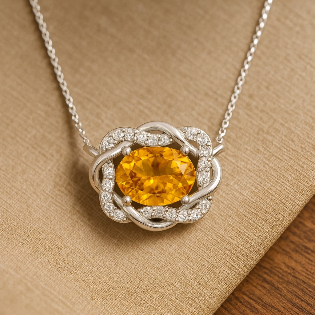 Natural Citrine & Diamond 92.5 Sterling Silver Necklace: Natural Citrine & Diamond 92.5 Sterling Silver Necklace Gemstone Shape : Oval Gemstone Size : 7x5 MM Gemstone Quantity : 1 Piece Diamond Type : Lab Grown Diamond Shape : Round Diamond Color : <