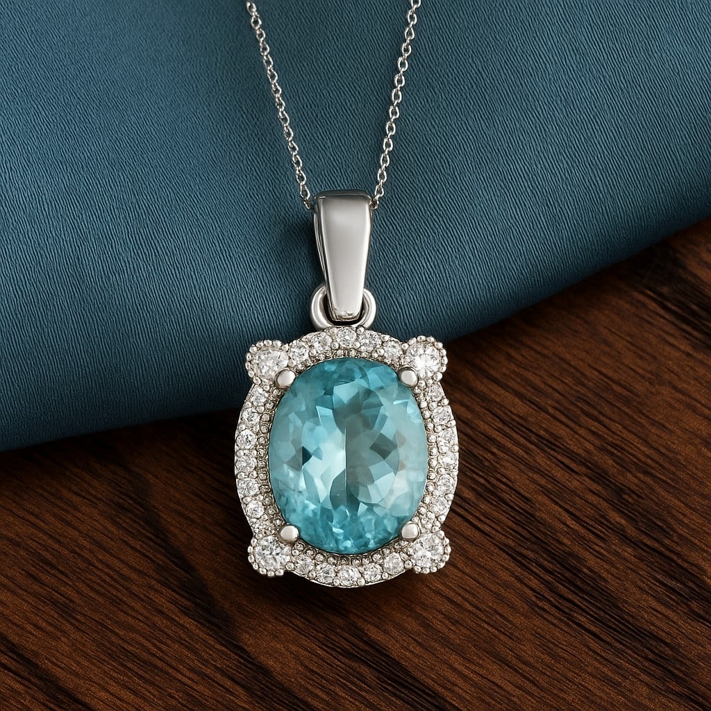 Natural Aquamarine & Diamond 92.5 Sterling Silver Pendant with Chain: Natural Aquamarine & Diamond 92.5 Sterling Silver Pendant with Chain Gemstone Shape : Oval Gemstone Size : 10x8 MM Gemstone Quantity : 2 Pieces Diamond Type : Lab Grown Diamond Shape : Round Di